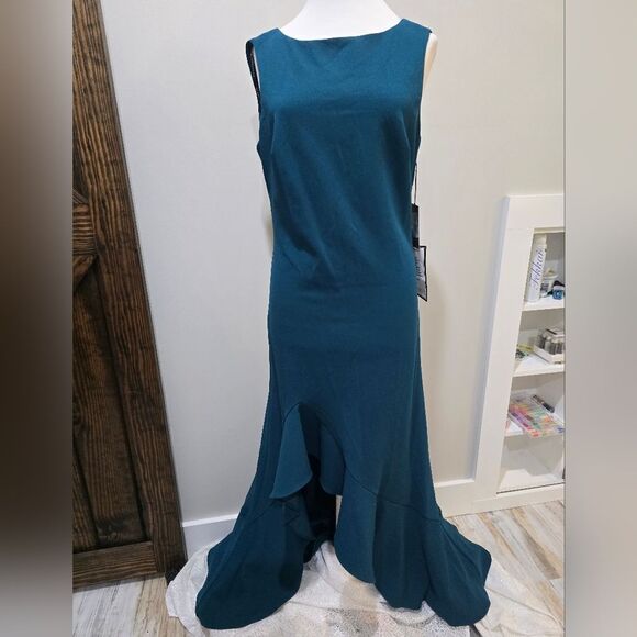 Vince Camuto Ruffled Tulip-Hem Gown NWT size 12 Peacock Blue - Picture 2 of 4